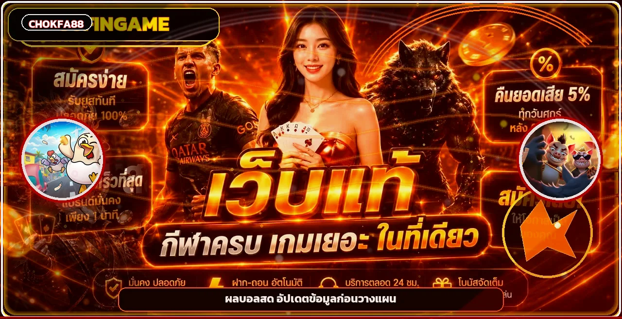 ปุ่มเข้าสู่หน้า CHOKFA88 ผลบอลสดพร้อมตัวละครเกม PG Soft